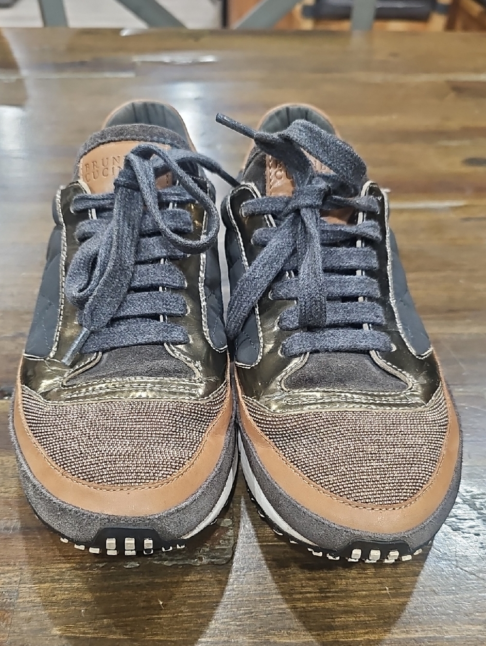 Brunello Cucinelli Brown, Gray & Gold Mixed-Material Sneakers